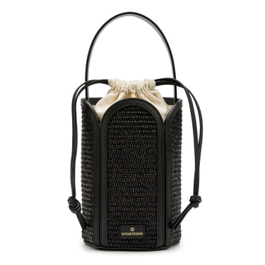 Bolso tote de yute negro con detalles en piel negra de La Portegna, hecho a mano en España Ubrique
