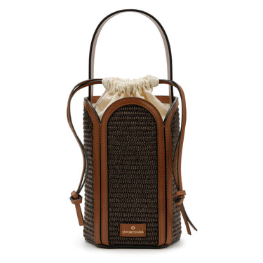 Bolso tote de yute marrón con detalles en piel caoba de La Portegna, hecho a mano en España Ubrique