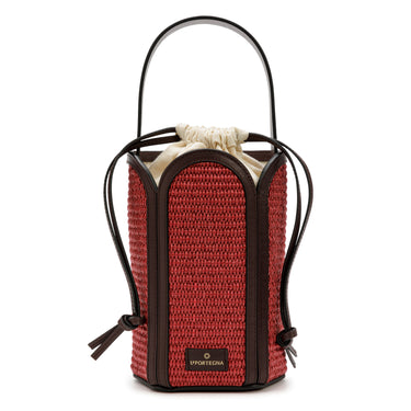 Bolso tote de yute cereza con detalles en piel burdeos de La Portegna, hecho a mano en España Ubrique