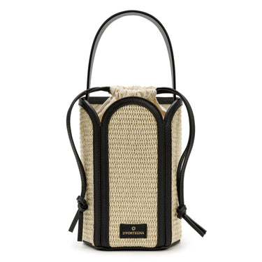 Bolso tote de yute blanco con detalles en piel negra de La Portegna, hecho a mano en España Ubrique