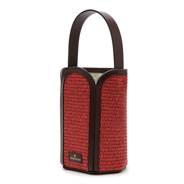 Bolso tote de yute cereza con detalles en piel burdeos de La Portegna, hecho a mano en España Ubrique