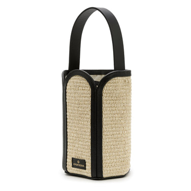 Bolso tote de yute blanco con detalles en piel negra de La Portegna, hecho a mano en España Ubrique