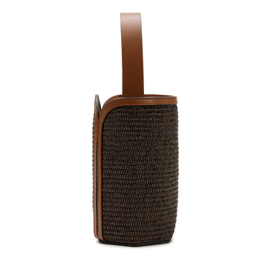 Bolso tote de yute marrón con detalles en piel caoba de La Portegna, hecho a mano en España Ubrique