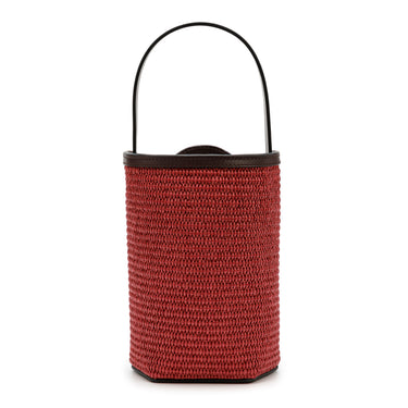 Bolso tote de yute cereza con detalles en piel burdeos de La Portegna, hecho a mano en España Ubrique