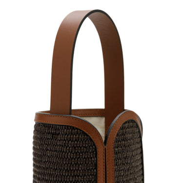 Bolso tote de yute marrón con detalles en piel caoba de La Portegna, hecho a mano en España Ubrique
