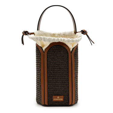 Bolso tote de yute marrón con detalles en piel caoba de La Portegna, hecho a mano en España Ubrique