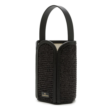 Bolso tote de yute negro con detalles en piel negra de La Portegna, hecho a mano en España Ubrique
