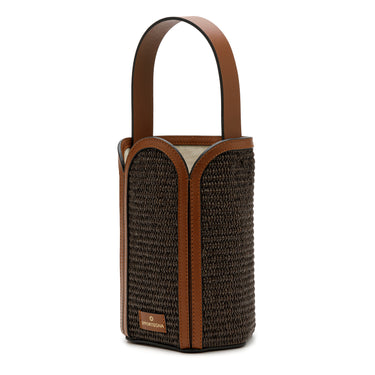 Bolso tote de yute marrón con detalles en piel caoba de La Portegna, hecho a mano en España Ubrique