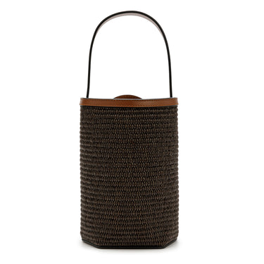 Bolso tote de yute marrón con detalles en piel caoba de La Portegna, hecho a mano en España Ubrique
