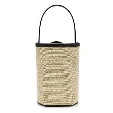 Bolso tote de yute blanco con detalles en piel negra de La Portegna, hecho a mano en España Ubrique
