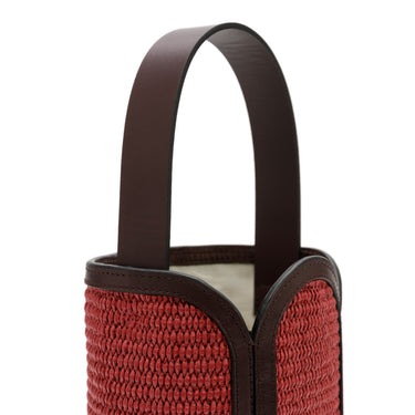 Bolso tote de  yute cereza con detalles en piel burdeos de La Portegna, hecho a mano en España Ubrique