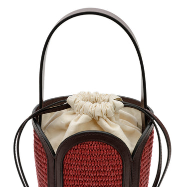 Bolso tote de  yute cereza con detalles en piel burdeos de La Portegna, hecho a mano en España Ubrique