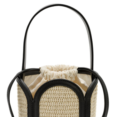 Bolso tote de yute blanco con detalles en piel negra de La Portegna, hecho a mano en España Ubrique