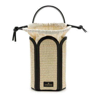 Bolso tote de yute blanco con detalles en piel negra de La Portegna, hecho a mano en España Ubrique