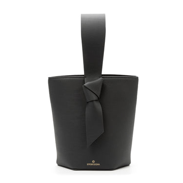 bolso tipo bucket de piel negro hecho a mano con detalle de nudo, asa superior y bandolera