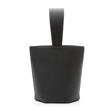 bolso tipo bucket de piel negro hecho a mano con detalle de nudo, asa superior y bandolera