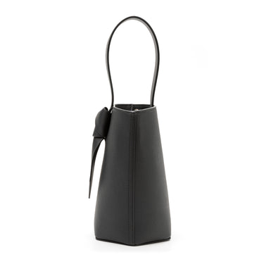 bolso tipo bucket de piel negro hecho a mano con detalle de nudo, asa superior y bandolera