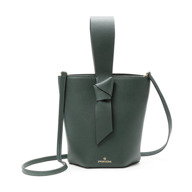 bolso tipo bucket de piel verde hecho a mano con detalle de nudo, asa superior y bandolera