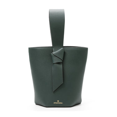 bolso tipo bucket de piel verde hecho a mano con detalle de nudo, asa superior y bandolera